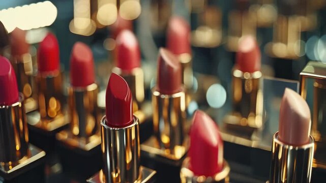 A row of red and gold colored lipsticks. Some are on a table and some are in a case