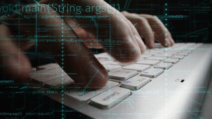 A close-up view of hands typing on a laptop keyboard, surrounded by virtual code overlays and digital data visuals, illustrating the essence of modern programming. Xenic