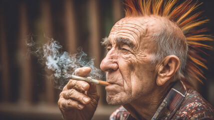 Old punk man smoking cannabis