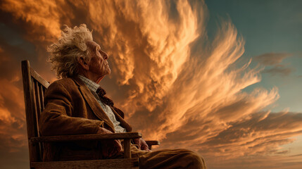 Very old man in a chair sitting outside, dramatic sky