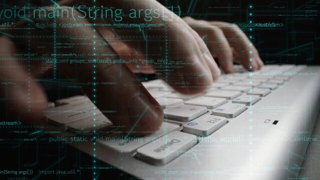 A close-up view of hands typing on a laptop keyboard, surrounded by virtual code overlays and digital data visuals, illustrating the essence of modern programming. Xenic