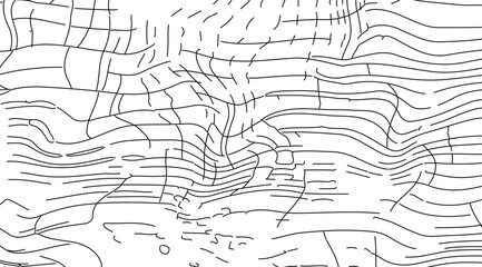 This monochrome graphic presents a dynamic network of black curved and straight lines that intersect and flow across a clean white background, creating an abstract design