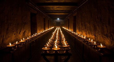Serene Rows of Lit Butter Lamps Illuminating a Dark Stone Hallway in a Buddhist Monastery