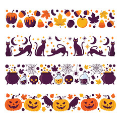 Obraz premium Vector art of halloween decorative borders with pumpkins, cats, and cauldrons