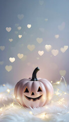 Halloween pumpkin on blue background with hearts