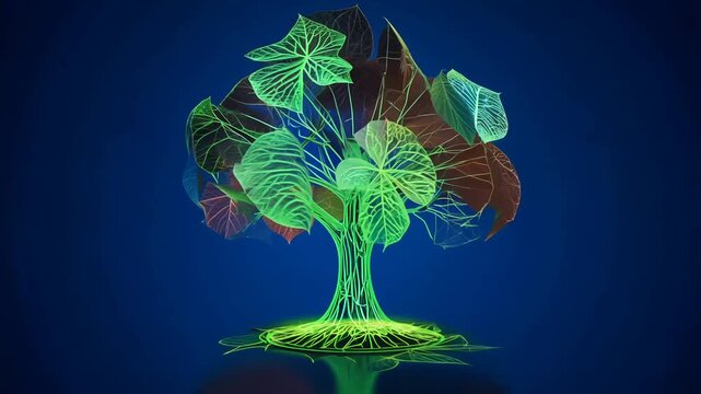 Holographic wireframe spinning tree with leaves falling, green and brown colour, dark blue background