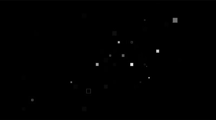 This modern abstract shows a black background with randomly positioned gray and white squares, creating a minimalist, geometric, and contemporary aesthetic, showcasing a digital design element