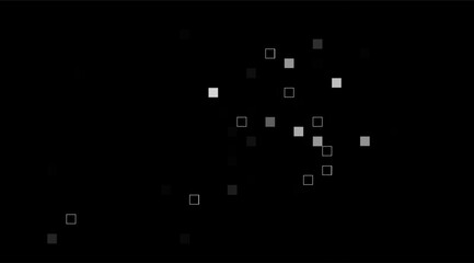 This minimalist, monochromatic image features a black backdrop adorned with an array of scattered gray and white squares, creating a modern, abstract, geometric composition, perfect for backgrounds