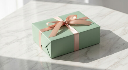 Green Gift Box with Pink Ribbon on Marble Table Subtle Shadow Minimalist