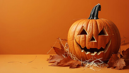 orange Halloween pumpkin on orange background