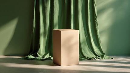 A simple beige podium with a green fabric backdrop, bathed in soft sunlight.