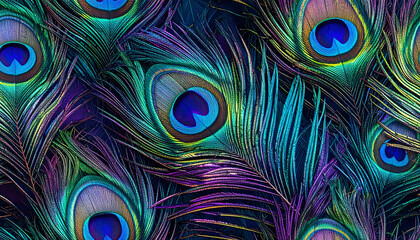 Fototapeta premium Seamless pattern of peacock feathers with iridescent green and blue tones