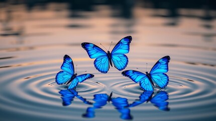 Glowing blue butterflies resting on tranquil water in dreamy pastel summer scene&rdquo;Fantastic Frontiers Digital Artwork series ar 16:9
