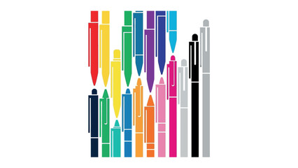 Colorful Pens: A vibrant array of assorted pens, meticulously arranged in a clean, artistic composition, showcasing a spectrum of colors. 