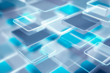 Abstract digital concept with transparent and blue layered squares creating a futuristic and technological background for innovation and data visualization designs