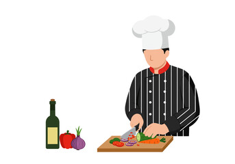 A chef in a striped jacket cuts vegetables on a wooden board next to a wine bottle and red pepper