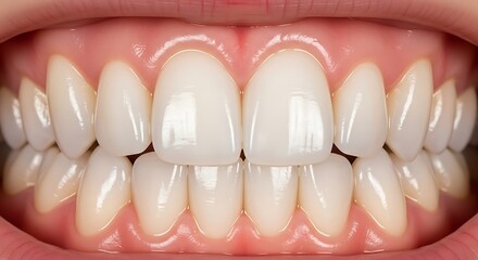 Close up of healthy teeth with white enamel and pink gums for dental care