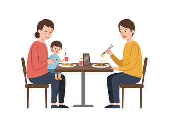 A family a mother with a child on her lap and a father eat at a table