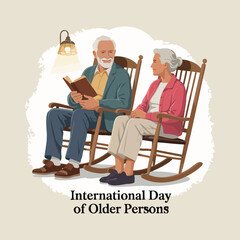 Minimal solid color vector illustration for International Day of Older Persons, celebrating global unity, elderly care, human rights, compassion, dignity, and family love across generations