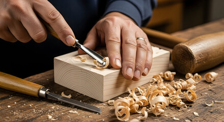 Skilled craftsman meticulously carves wood with a chisel, creating beautiful shavings on a rustic workbench, showcasing traditional artistry and dedication to detail.