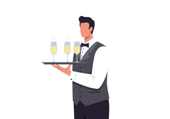 A waiter with a bow tie holds a tray of three champagne glasses