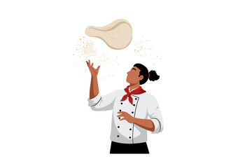 Chef tossing dough wearing a white coat and red neckerchief