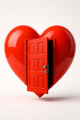 Open door in a red heart isolated on white background, love concept