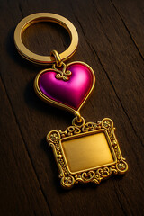 Golden heart keychain with frame on wooden background for love concept