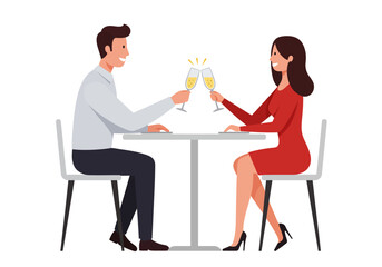 Couple toasting champagne glasses at a table on chairs