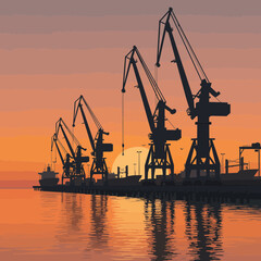 Silhouette view of harbor cranes and ships at sunset with colorful orange sky backdrop, concept for industrial projects, logistics visualization and shipping solutions presentation