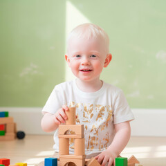 Smiling albino toddler building a tower with wooden blocks, playful atmosphere, copy space