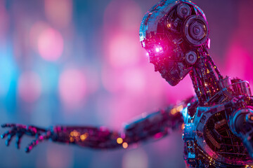 Futuristic humanoid robot with illuminated circuitry and glowing eyes in a vibrant, neon-lit environment evoking advanced artificial intelligence and technological innovation