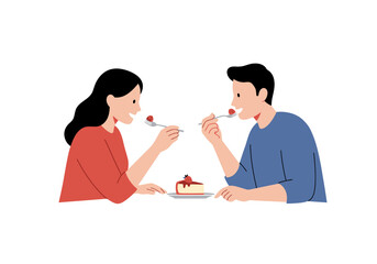 Two people eat cake with strawberries One is male in blue the other is female in red