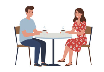 Two people sit at a round table each with a cup of steaming coffee