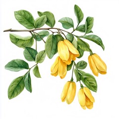 水彩画の黄色い花の枝と緑の葉