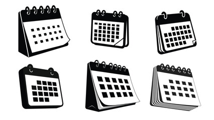 Set of Black and White Desk Calendar Icons in Different Styles Representing Planning, Scheduling and Business Organization_New 3D Style Vector Illustration