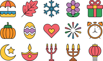 A collection of colorful icon illustrations representing various events and symbols