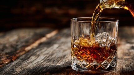 Whiskey or cognac is poured into an old fashioned glass, close up
