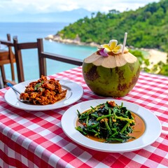 Delicious Indonesian Food with Coconut Drink by the Ocean.