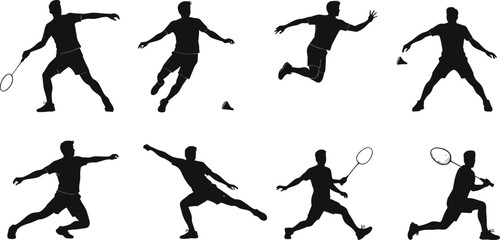 Badminton player silhouette, dynamic action poses, sports vector, shuttlecock hit, racket swing, athlete movement, black figure, isolated illustration