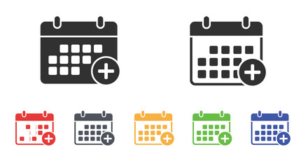 Black calendar icons with plus signs in various color variations shown
