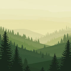 Fototapeta premium Serene layered hills with coniferous trees in varying shades of green under a misty sky. Concept for nature backgrounds, environmental awareness and peaceful landscapes