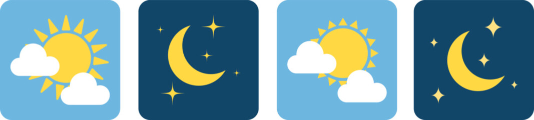 Day and night sky icons with sun moon and clouds