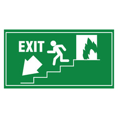 Fire Exit Stairs Down Green Emergency Sign Vector Illustration | Safety Evacuation Symbol for Building Escape Routes and Emergency Guidance Isloated On White Background