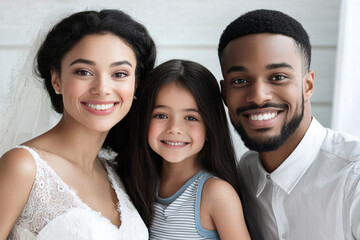 Smiling interracial couple in wedding attire with smiling daughter, joyful family portrait in bright interior