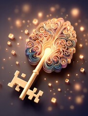 unlock potential money mindset Abstract Artistic Key with Brain Motif and Glowing Elements