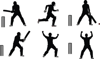 Cricket player silhouette set with stumps, batting, running, celebrating poses, sports action vector for game, team, competition, training