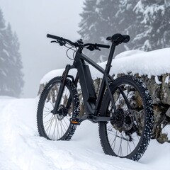 Black e-bike in snowy mountain path