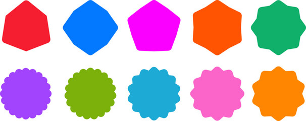 Collection of colorful geometric shapes and labels in two rows