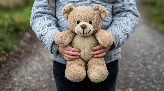 Child holding old teddy bear that belonged to parent, nostalgic and tender moment in outdoor path